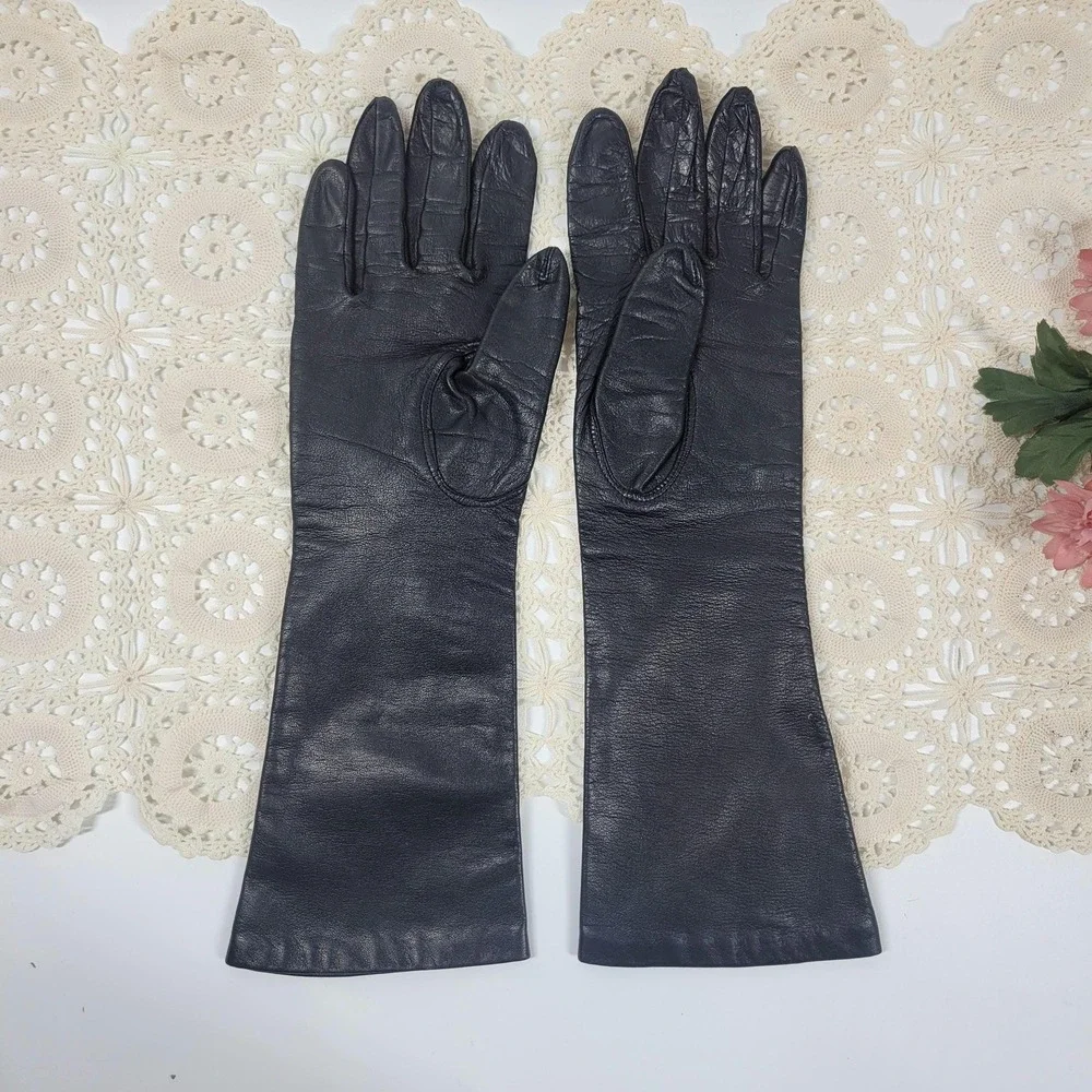 Vintage Long Black Leather Gloves Silk Lined Size 6.5 Elbow Length Evening Opera
